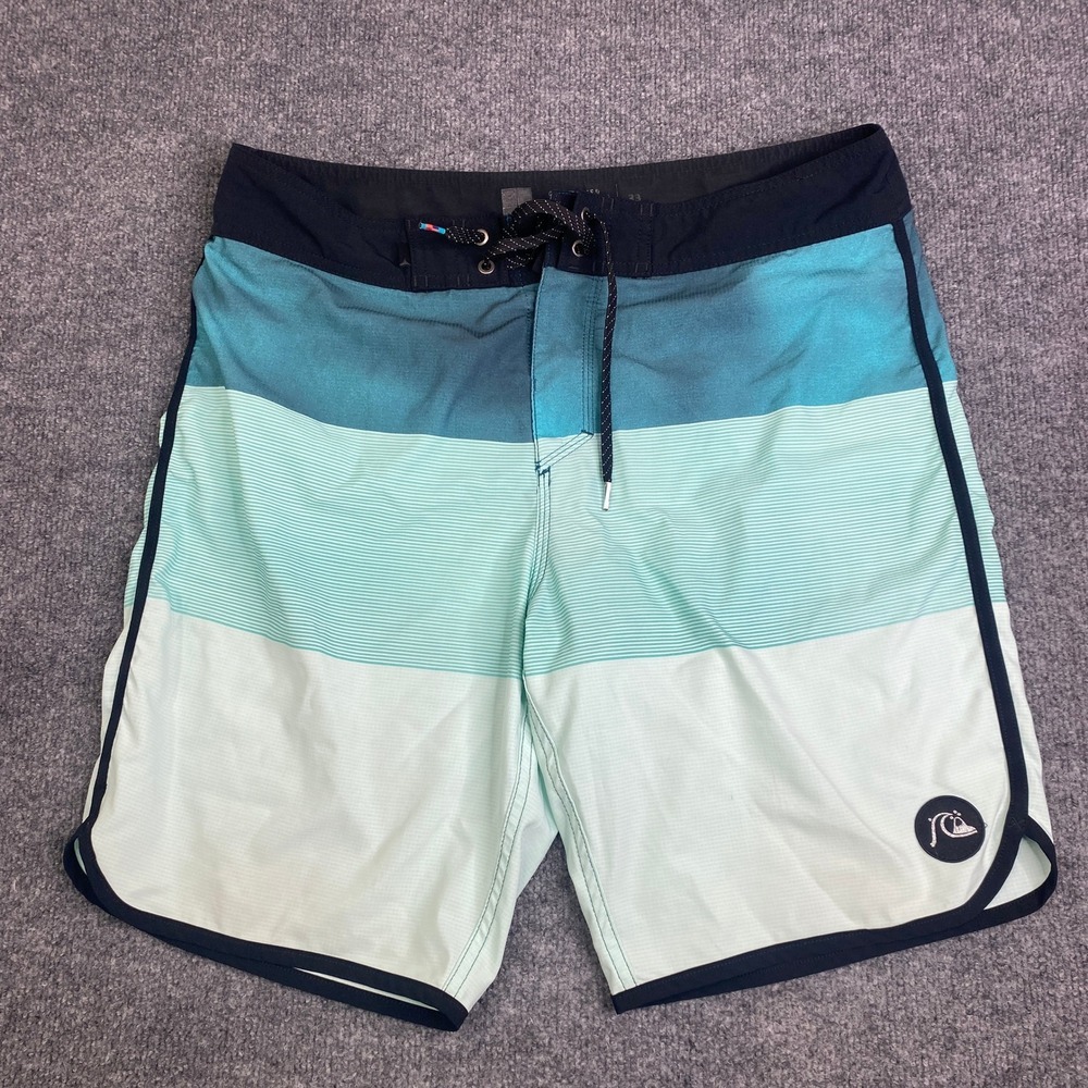 Quiksilver Mens Blue Teal Colorblock Striped Board Shorts Swim Trunks Size 33